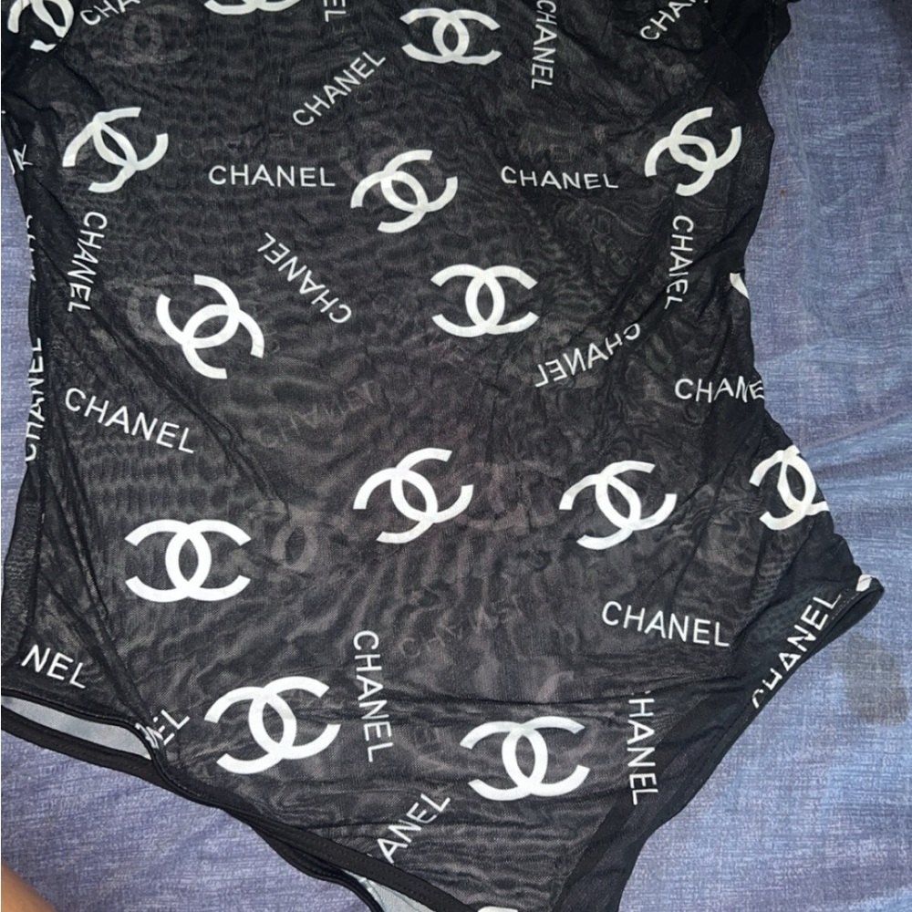 CHANEL Black Sheer Logo Bodysuit with White CC Motifs